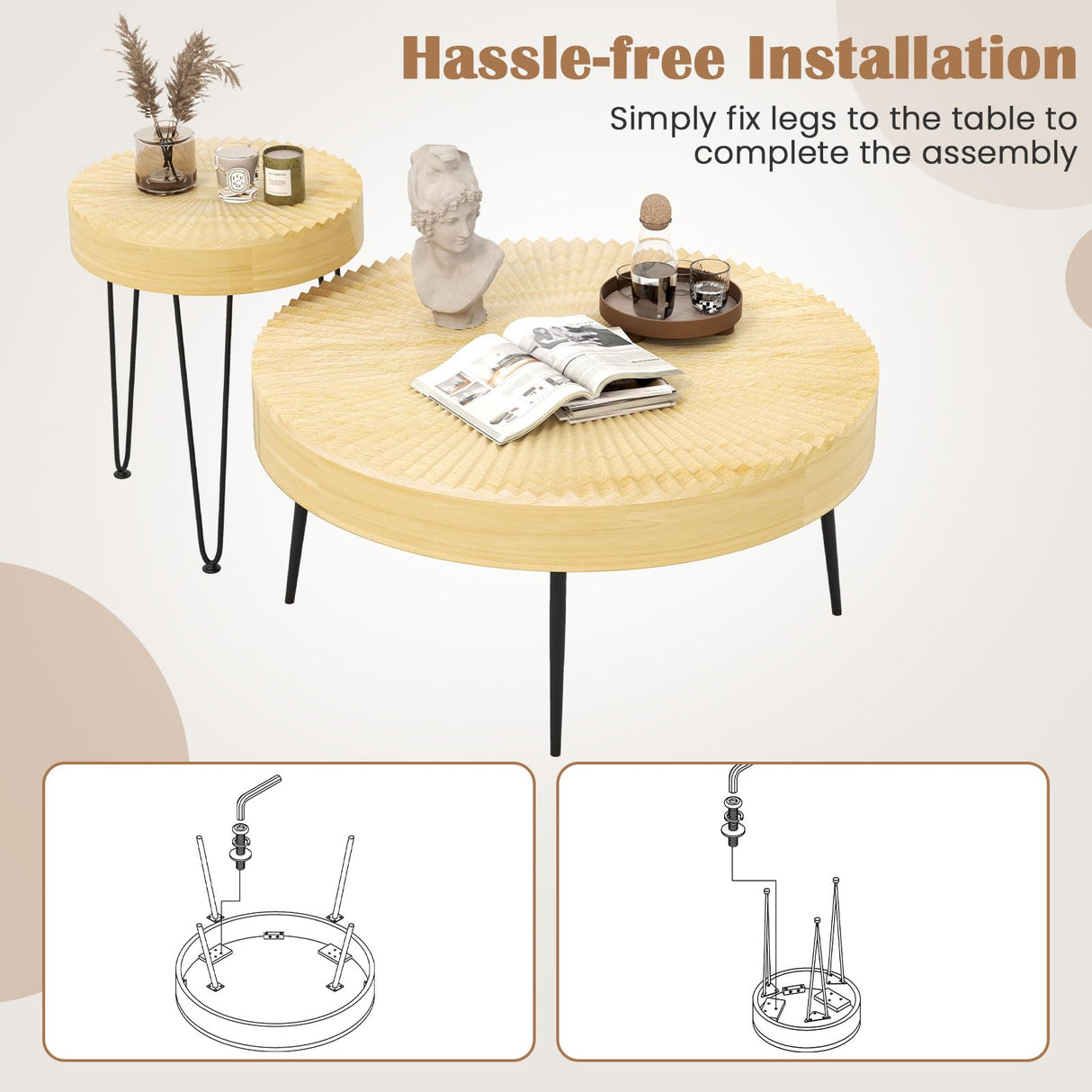 COSTWAY Farmhouse Round Coffee Table Set of 2, Rustic Sofa Side Tea Tables w/Wood Finish, Metal Frame, Adjustable Foot Pads, Nesting End Table Set for Living Room (Radial Pattern, Light Natural) COSTWAY