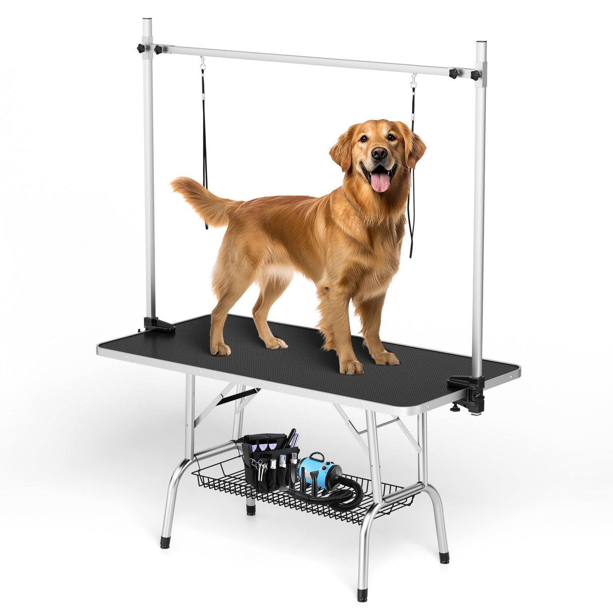 Polar Aurora 46'' Pet Dog Grooming Table,Adjustable Height Heavy Duty Professional Stainless Steel Grooming Table for Dogs at Home for Medium Large Dogs w/H-Shape Arm,2 Nooses,Mesh Tray Polar Aurora