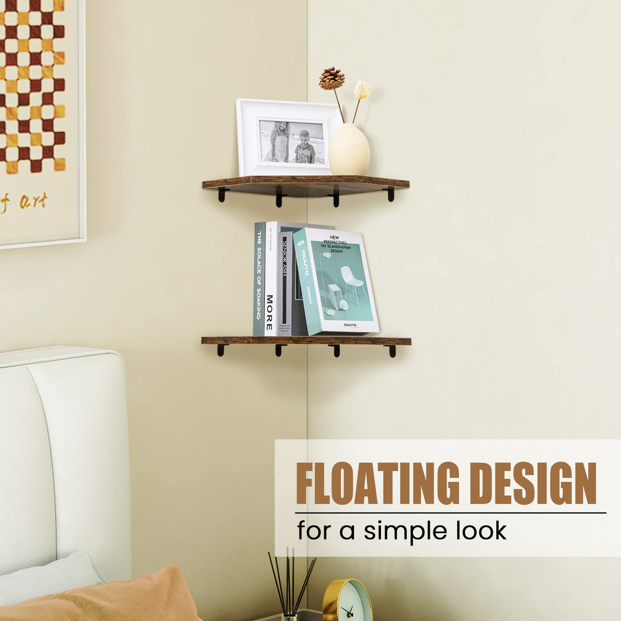 Corner Shelf Wall Mount, Corner Floating Shelves, Set of 2 Corner Wall Shelf Organizer, Rustic Wood Wall Storage Display Shelves for Living Room Bedroom Bathroom Kitchen, Rustic Brown Fun Memories