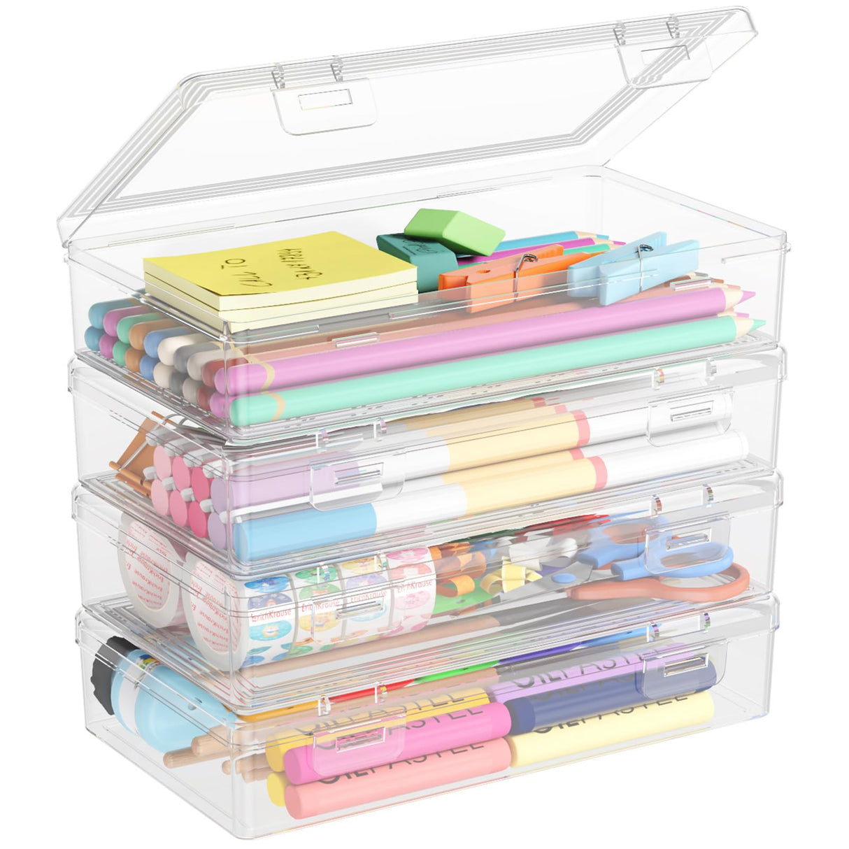 Lifewit Plastic Pencil Box with Snap-tight Lid, Large Capacity Hard Pencil Case, Craft organizer for Art Supply,Office, 4 Pack Lifewit