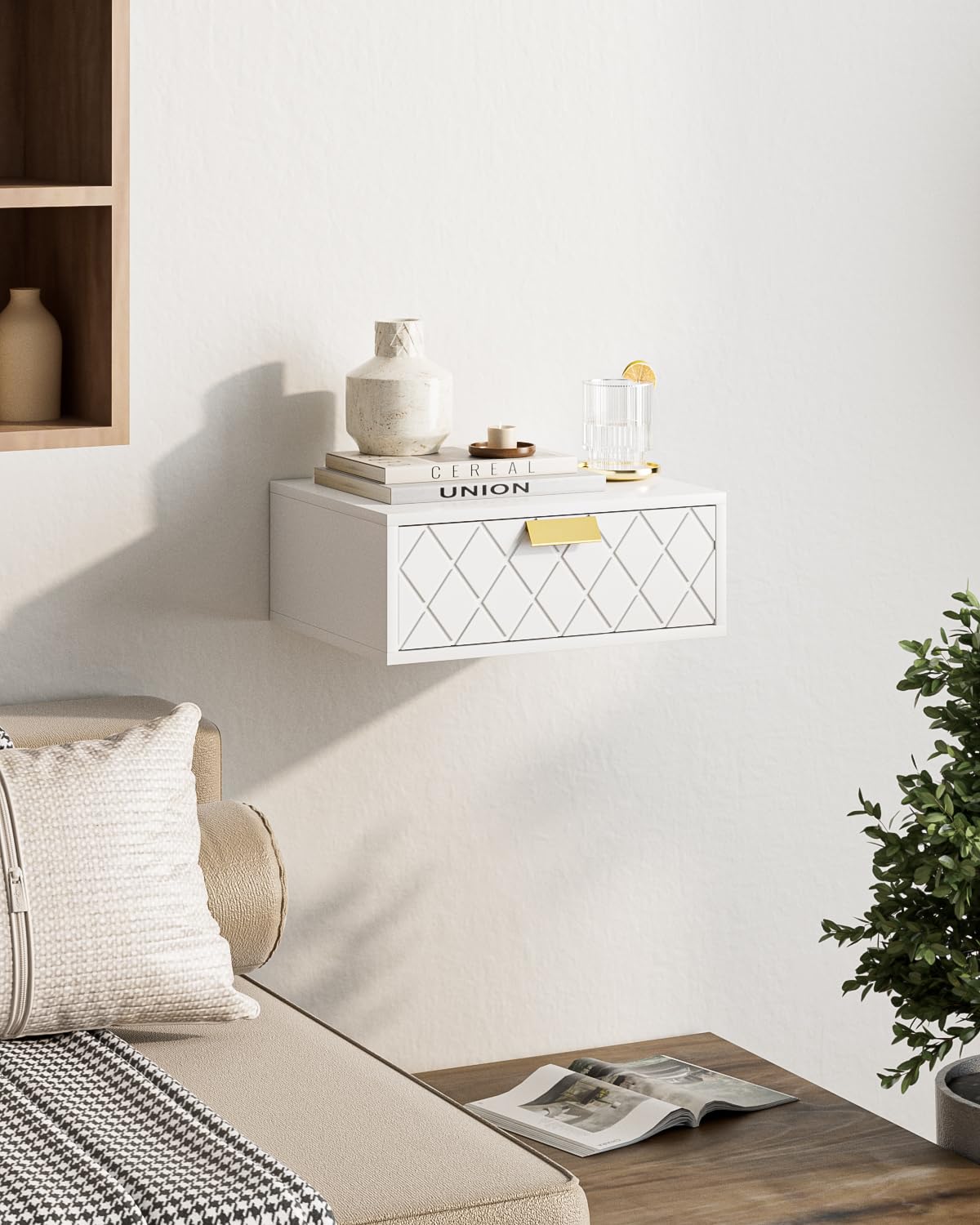 Aienvey Floating nightstand, Floating Shelf with Drawer, Wall Mounted Nightstand, Floating Bedside Table (White Diamond) Aienvey