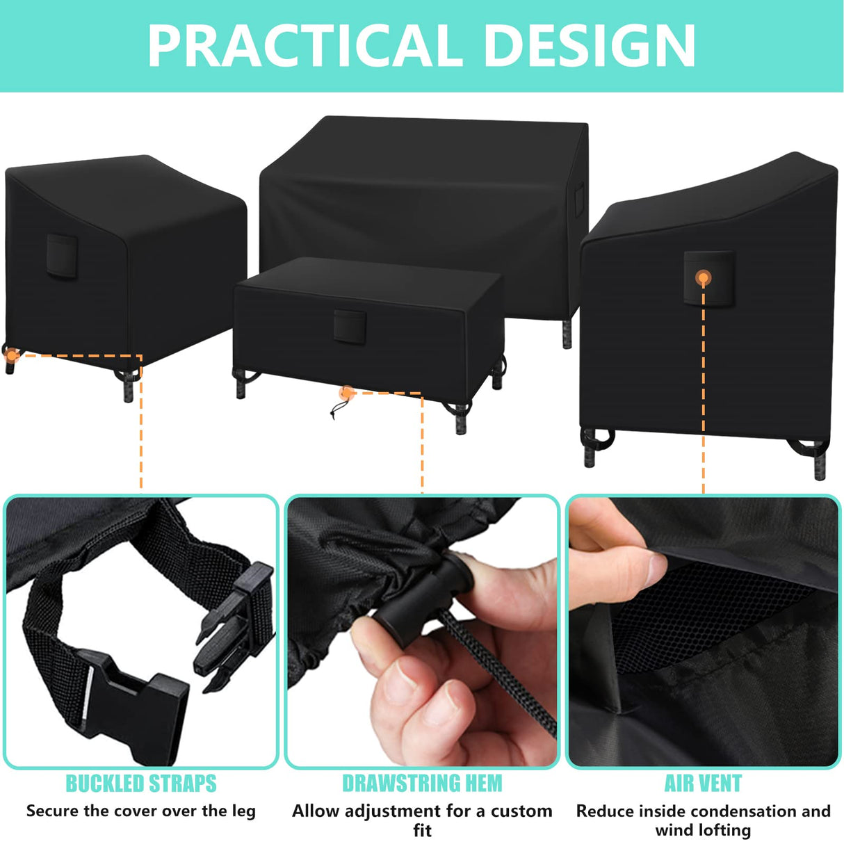 Kovshuiwe Patio Furniture Covers,4-Piece Outdoor Veranda Patio Garden Furniture Covers Set Waterproof - Upgraded 420D Heavy Duty Oxford Fabric Rattan Furniture Cover for Chair Sofa(Black) Kovshuiwe