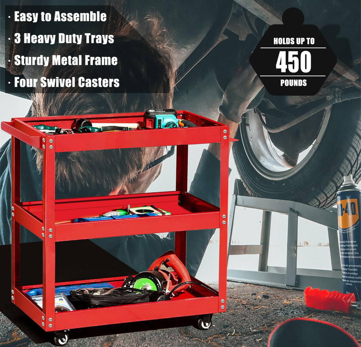 BRLJUNEO Tool Cart on Wheels, 3 Tier Rolling Mechanic Tool Cart, Heavy Duty Steel Utility Cart w/Lockable Wheels, 450 LBS Capacity Industrial Service Cart for Garage, Warehouse, Workshop (Bright Red) BRLJUNEO