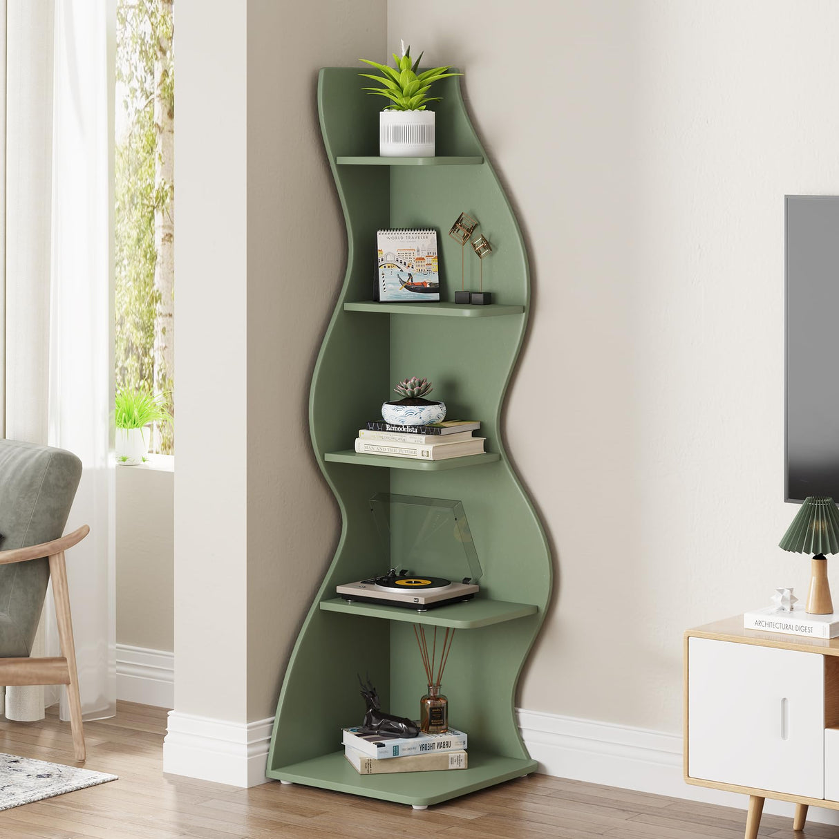 Tribesigns Corner Shelf, Modern 5-Tier Wall Corner Bookshelf, Stylish Corner Small Bookcase Storage Rack Plant Stand with Unique Shape for Living Room, Home Office (Sage Green, 1PC) Tribesigns