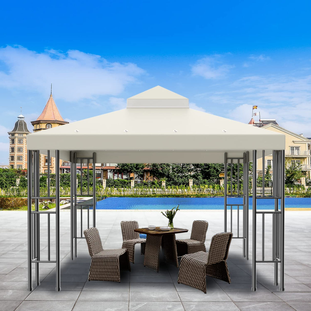 Sumfaller 10x10 FT Gazebo Replacement Canopy Top Cover Double Tiered Canopy Top Cover for Patio Garden Outdoor BBQ Roof Cover Grill Shelter (Beige) WoodArtSupply