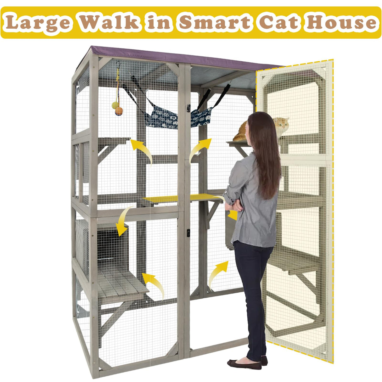 PetsCosset 67.7" Catio Outdoor Cat Enclosures,Large Cat Catio for Indoor, Catio Attach to Cat Window,Wooden Outside Cat Patio with Resting Room,Removable Sun Protection and Waterproof Roof PetsCosset