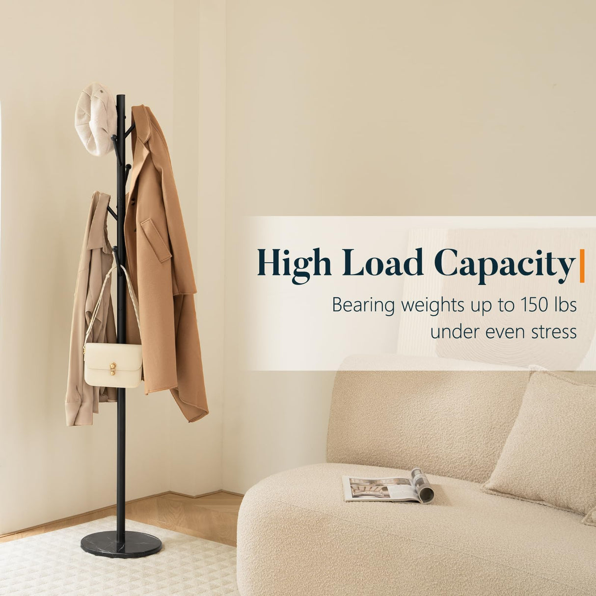 Yoobure Coat Rack Freestanding with Natural Marble Base - Coat Tree with 8 Hooks Heavy Duty Coat Hanger Stand, Metal Coat Rack Stand for Jacket, Hat, Clothes & Bag, Hall Tree Hat Rack for Entryway Yoobure