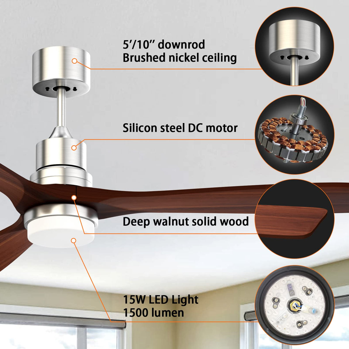 Obabala 52'' Ceiling Fan Outdoor Ceiling Fan with LED Light Remote Control for Patios Modern Ceiling Fan Reversible DC Motor and Brushed Nickel Obabala