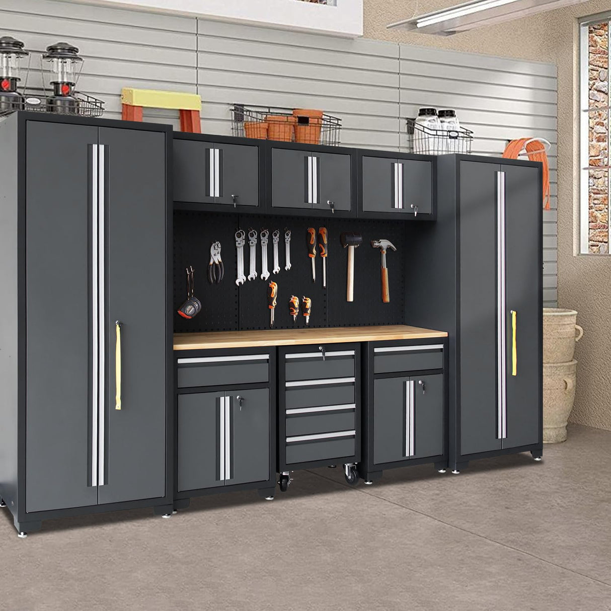 HPDMC Garage Storage Cabinet System 9-Pcs Workshop Set Garage Cabinets and Storage System with Steel Cabinet Drawers, Rolling Chest, Workbench, Pegboard for Garage Tool Organization, Black and Grey HPDMC
