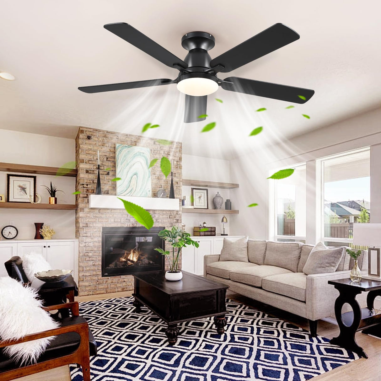Ceiling Fans with Lights- 52" Low Profile Indoor Ceiling Fan with Light and Remote/APP Control, Flush Mount, LED Dimmable DC Reversible Modern Ceiling Fan for Bedroom(Black) Mpayel