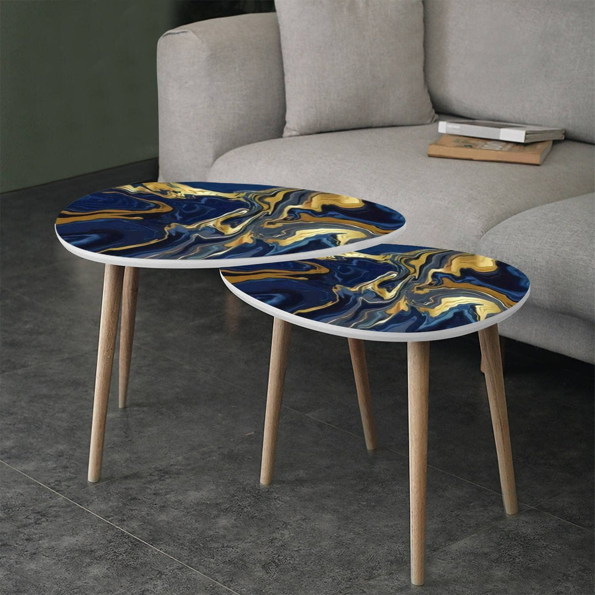 DQWIJAKX91 Small Coffee Nesting Table Luxury Blue Marble Gold Abstract Texture Indigo Ocean Blue marbling Modern Minimalist Side Table Triangle End Tea Table Center Table Set of 2Living Room Bedroom DQWIJAKX91
