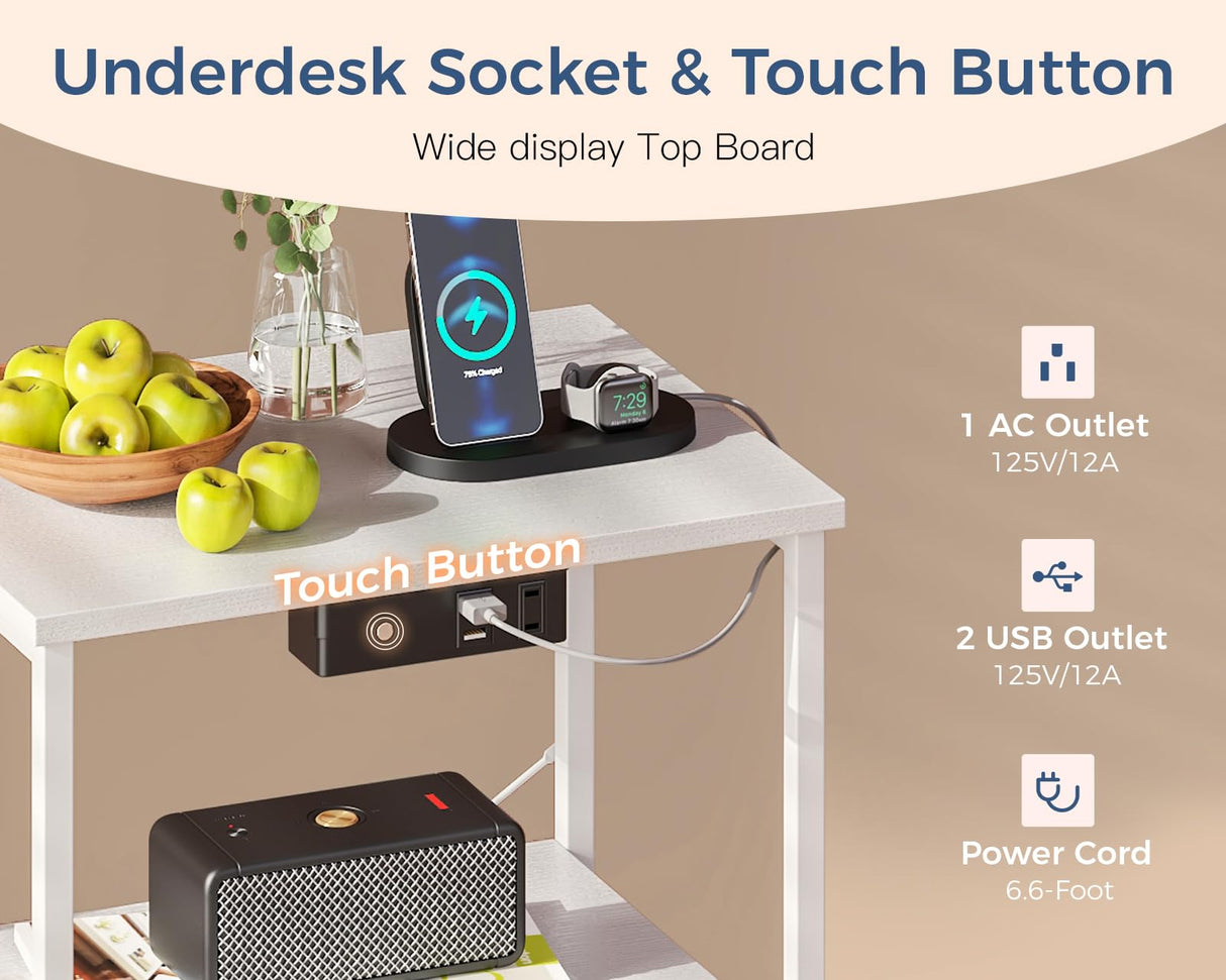 Casaottima White Night Stand with Charging Station and LED Lights, End Table for Bedroom with 2 Fabric Drawers, Small Nightstand with Storage Shelf, Bed Side Table, Bedside Table Casaottima