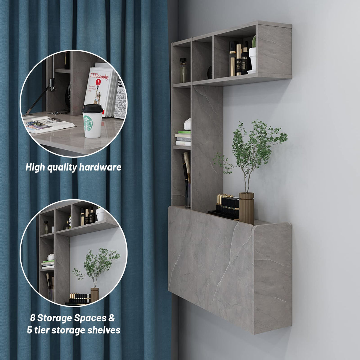 Pmnianhua Floating Desk,Wall Mounted Desk Folding,Hidden Pull Down Desk,Space Saving Desk,Folding Wall Desk for Small Space Apartment Bedroom(Dark Grey) Pmnianhua