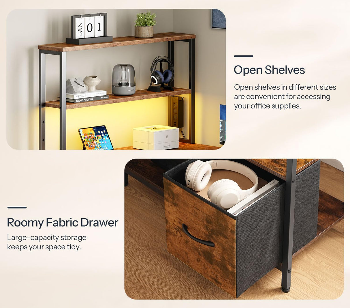 HOOBRO L Shaped Gaming Desk, Reversible Computer Desk with LED Light & Power Outlet, Corner Desk with Storage Shelves & Drawer, for Home Office, Study, Rustic Brown and Black BF18UDDN01 HOOBRO