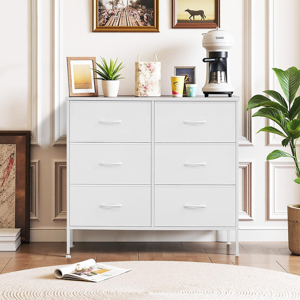 6-Drawer Dresser for Bedroom, Anti-Tip Wide Storage Organizer Chest of Drawers with Wooden Top and Metal Frame Fabric Bins for Closet, Living Room, Hallway, Entryway, White SageNest