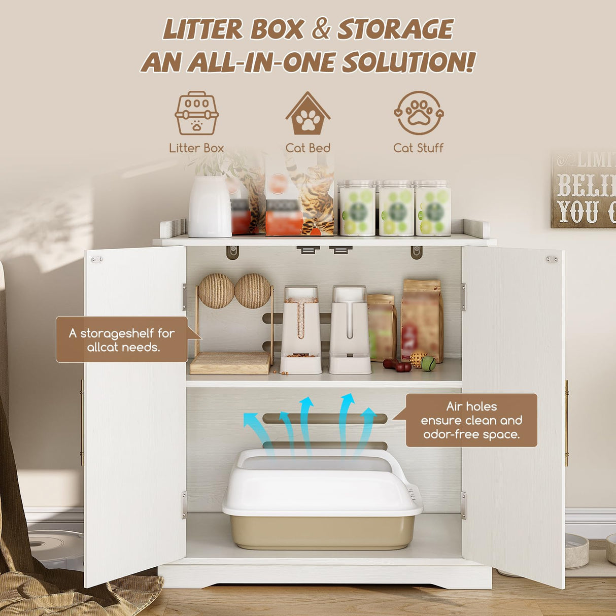 Halitaa Cat Litter Box Enclosure Furniture, Hidden Litter Box Furniture with Removable Dividers, Reversible Entrance Can Be on Left or Right Side, for Hallway, Bedroom, White, 31.4" L Halitaa