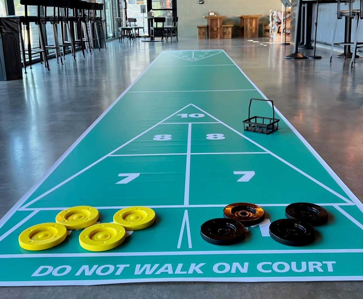 Home Shuffleboard Court Package - Roll Out Shuffleboard Court (28'L X 54" W), 4 Shuffleboard Cues, Official 6" Tournament Discs (4 Yellow, 4 Black), Disc Carrier, and Rules Allen R. Shuffleboard Co., Inc.