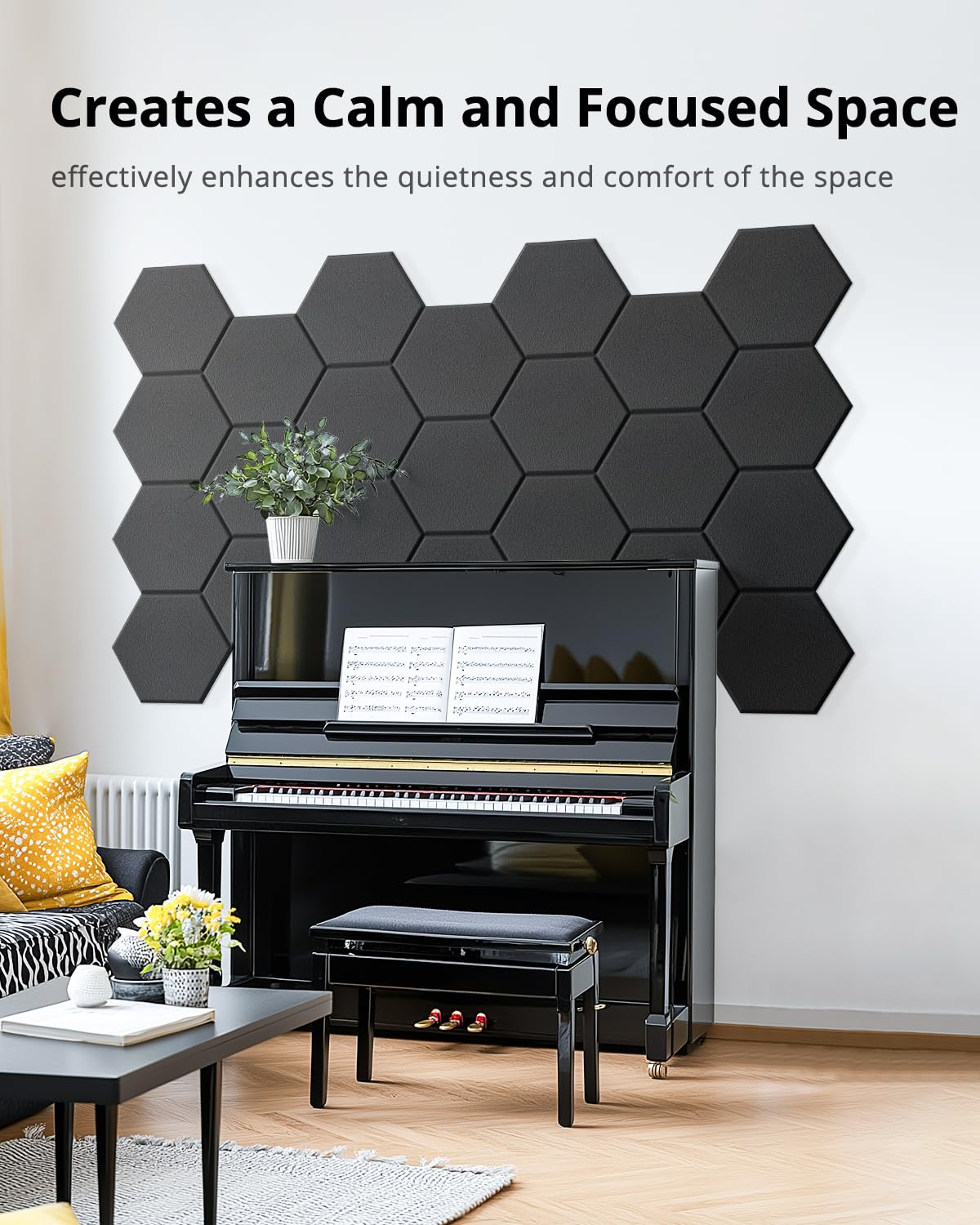 Hexagon Acoustic Panels, Kuchoow Soundproof Wall Panels Self-Adhesive, 12 Pack High Density sound proof panels for walls, 12"X10"X0.4" Acoustic Treatment for Recording Studio Office Home, Black Kuchoow