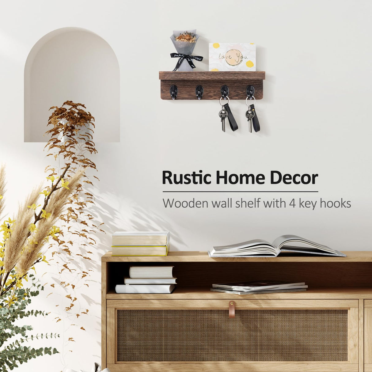 Nekon Key Holder for Wall Organization, Wooden Mail and Key Organizer for Entryway Hallway Kitchen Farmhouse, Key Holder Wall Mounted (Brown, 9.8 Inch) Nekon