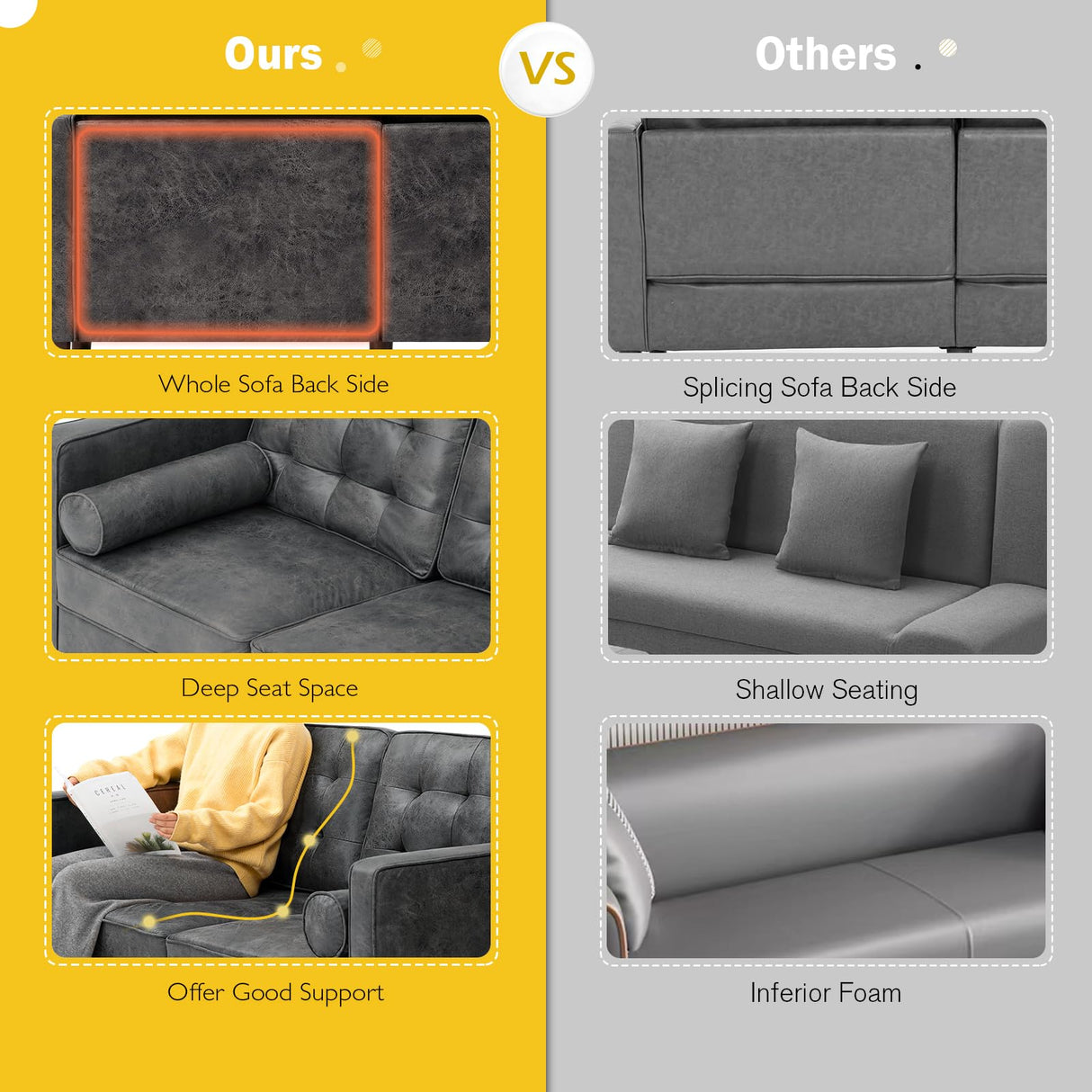 Lesofair 84" Faux Leather Three Seater Sofa with Two Bolster Pillows, Tufted Sofa with Wooden Legs, Mordern Couch for Living Room, Office, Apartment, Grey Lesofair