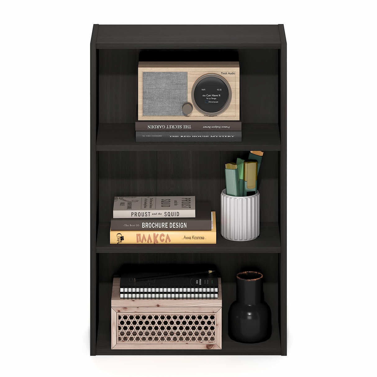 Furinno Basic Book Shelf, 3-Tier Bookshelf, Cube Storage Organizer Bookcase with Open Shelf, 7 x 17 x 26, for Living Room, Bedroom, Home Office, Espresso Furinno