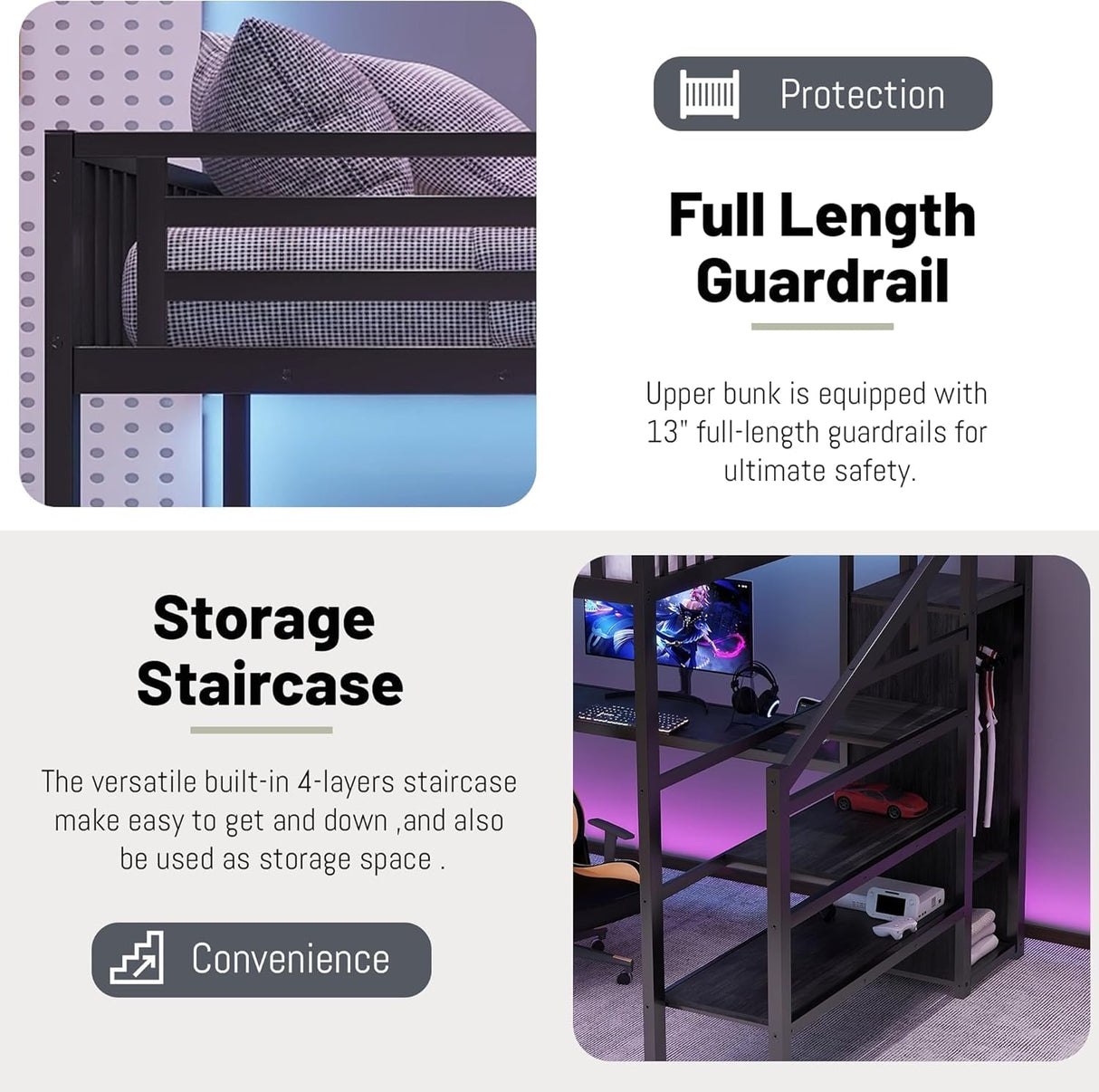 Duxelifin Queen Size Loft Bedwith Desk, Heavy-Duty Metal Loft Beds with Stairs & LED Lights, High Lofted Bed with Charging Station and Wardrobe, Gaming Loft Tall Bed for Boys Girls and Teens (Black) Duxelifin