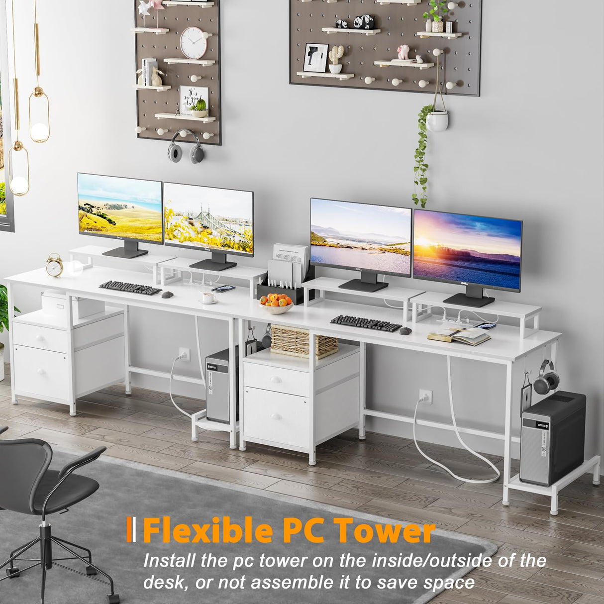 Furologee White Computer Desk with Drawer and Power Outlets, 55" Large Gaming Desk with Fabric File Cabinet and 2 Movable Monitor Shelves, Writing Table with CPU Stand and 2 Hooks for Home Office Furologee