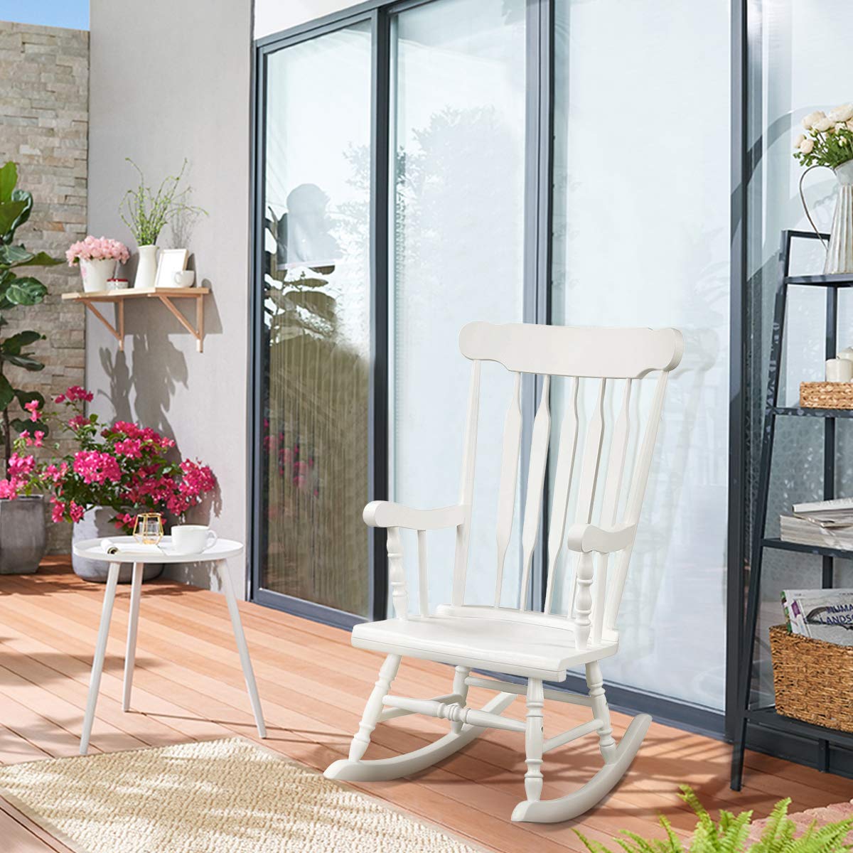 Giantex Outdoor Wood Rocking Chair - Patio Rocking Chair with Solid Rubber Wood Frame, Slat Back, Outside & Indoor Rocker for Garden, Poolside, Balcony, Backyard, Lawn, Front Porch Rocker, White Giantex