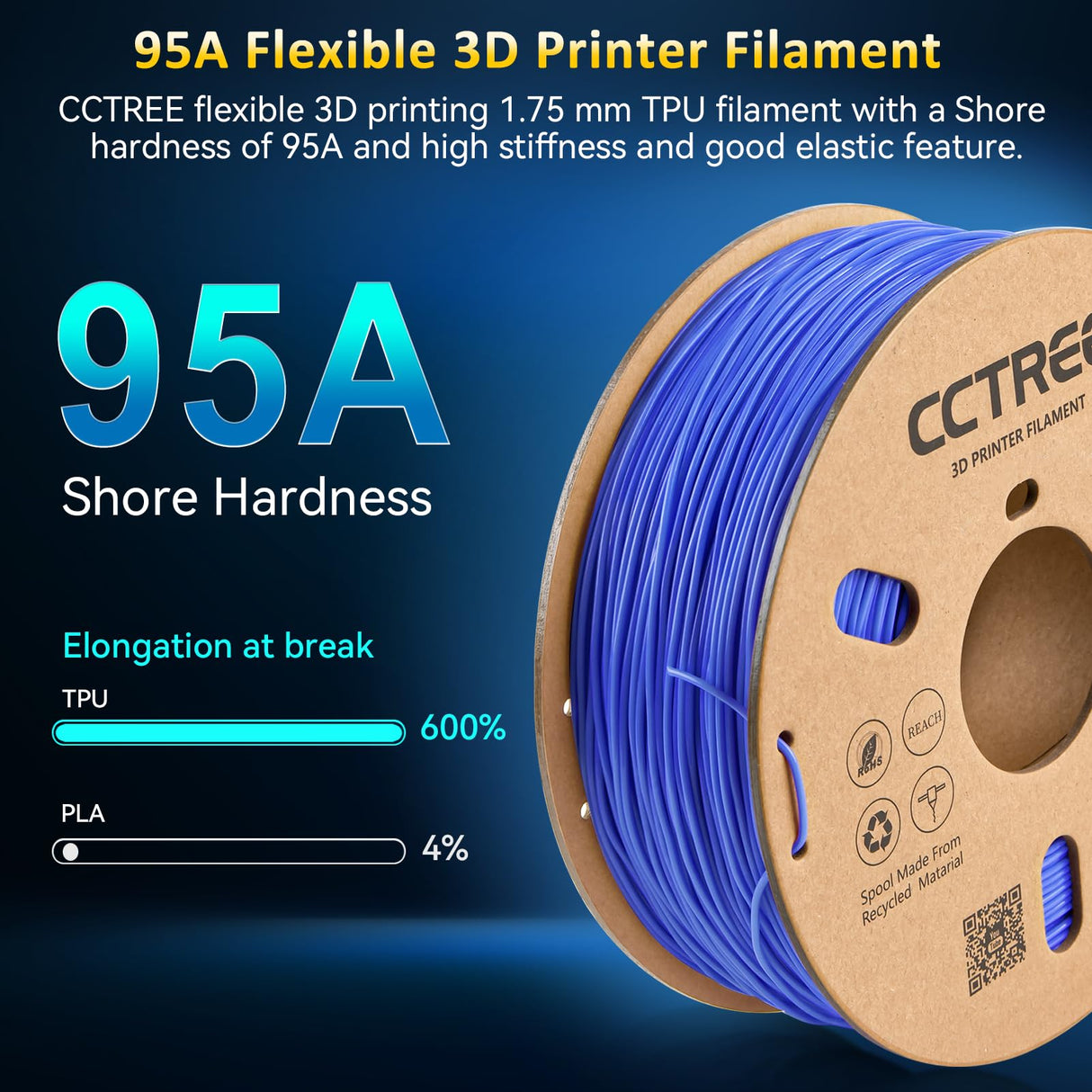 CCTREE TPU Filament 1.75mm, 1kg Spool (2.2 lbs), Flexible 3D Printer Filament, Shore Hardness 95A, High Elasticity & Impact Resistance, Dimensional Accuracy ±0.03mm, Blue CCTREE