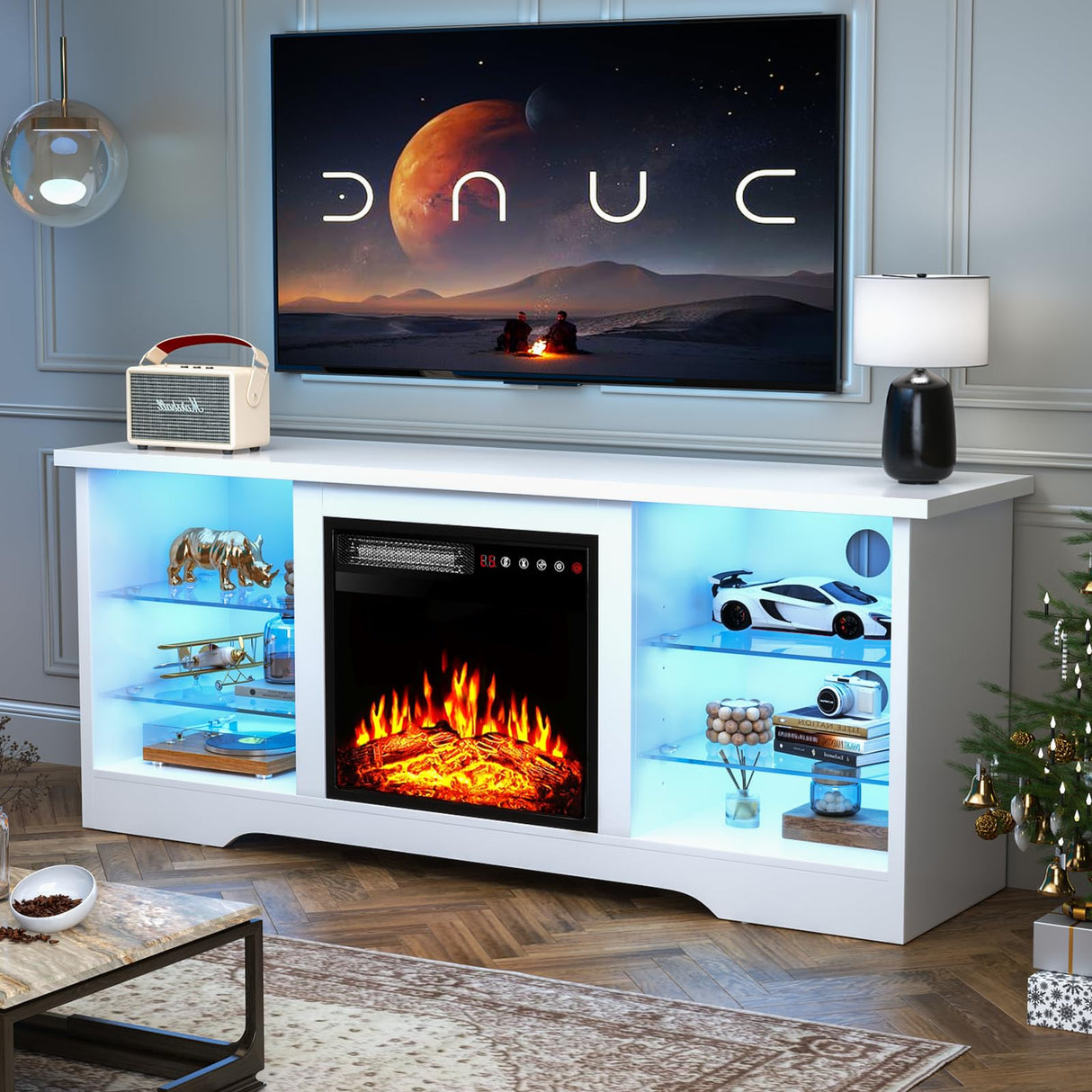 TAVATA Fireplace TV Stand with 18''Fireplace, Modern Entertainment Center for TVs up to 65 inch, Media TV Console with Adjustable Glass Shelves and Storage Cabinets(White) TAVATA