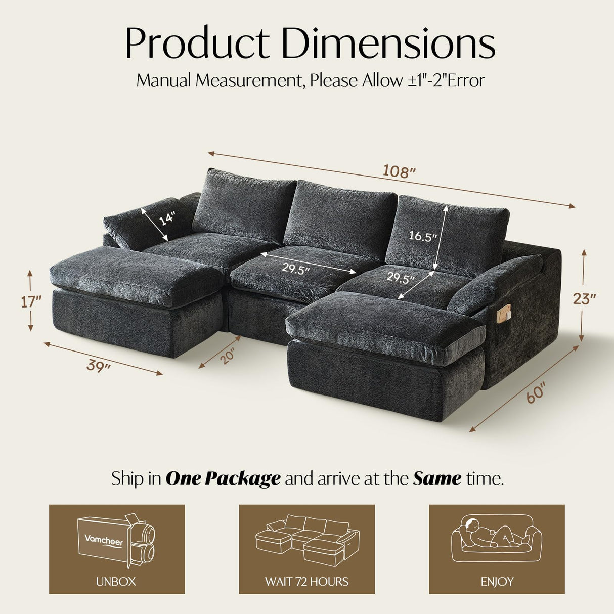 Vamcheer Modular Sectional Cloud Couch, Utra Soft U Shaped Couch with 2 Movable Ottoman, Deep Seat Boneless Couches for Living Room Bedroom, No Assembly Required, Grey Vamcheer