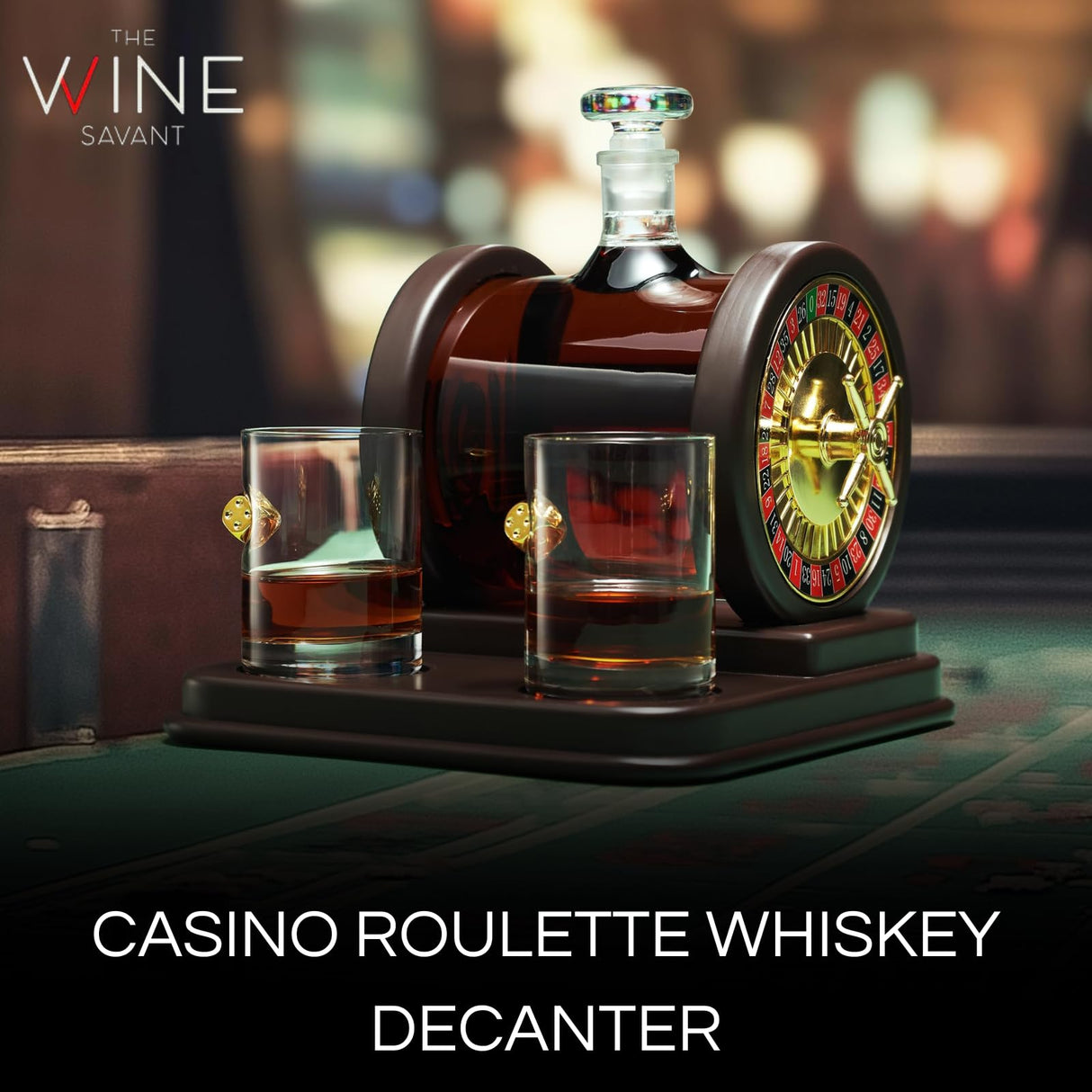 Casino Roulette Whiskey Decanter for Men, Husband, Him | 67.6 OZ Decanter With 2 x 10oz Dice Whiskey Glasses | Gold & Wood Gambling Slot Gift for Bourbon, Scotch, Liquor, Gifts For Dad, Guy, Winter The Wine Savant