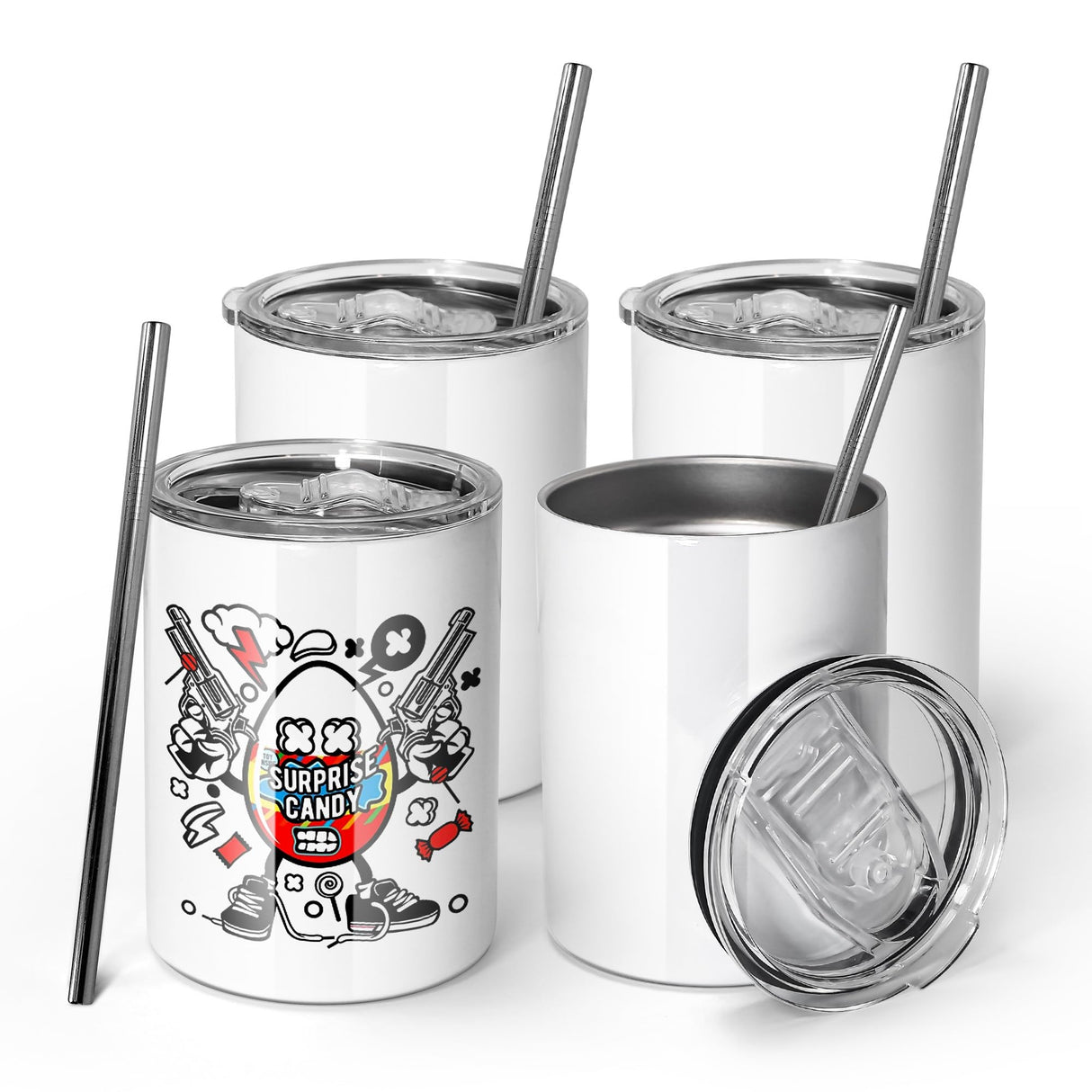 AGH 10OZ Sublimation Wine Tumblers Blanks, 4 Pack Straight Stainless Steel Tumblers with Lids and Straw, Sublimation Coffee Cups Mugs for Hot & Cold Drinks AGH