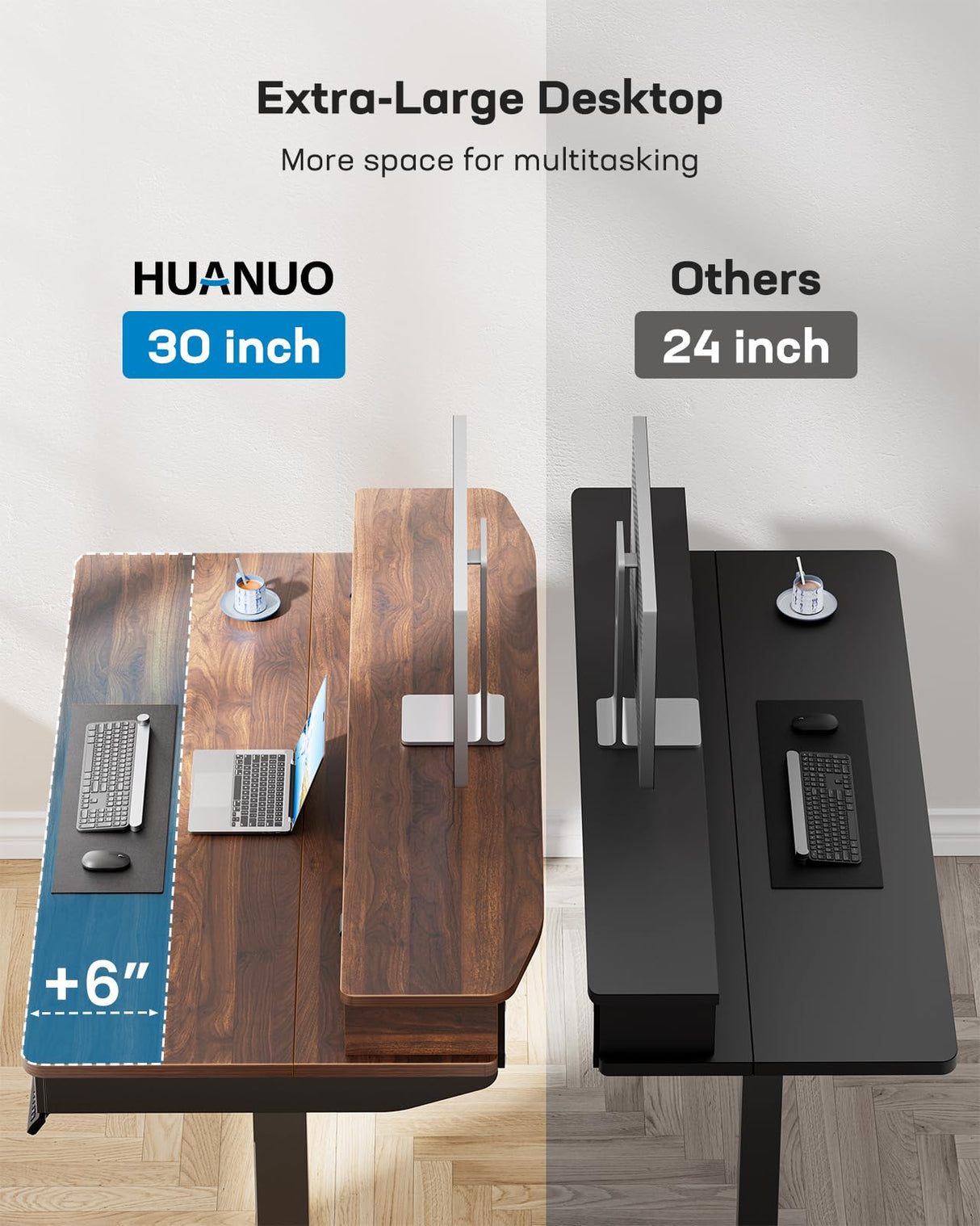 HUANUO 55 x 30 inch Electric Standing Desk with Wood Drawers, Adjustable Height Sit Stand Home Office Desk with Two Tiers, Ergonomic Adjustable Stand up Desk C-Clamp Monitor Mount Compatible, Walnut HUANUO