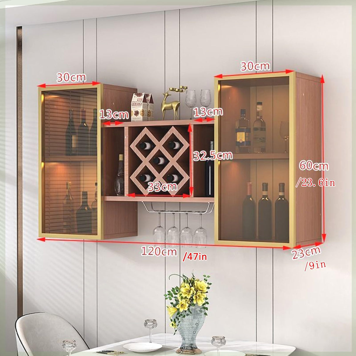 Simple Inverted Wine Glass Rack With LED light ,Large bar glass display shelf,Suspended bar display cabinet for liquor,Home use wooden wine rack wall mounted,Living room, bar, kitchen(Teak,120cm/47in) SEIFE