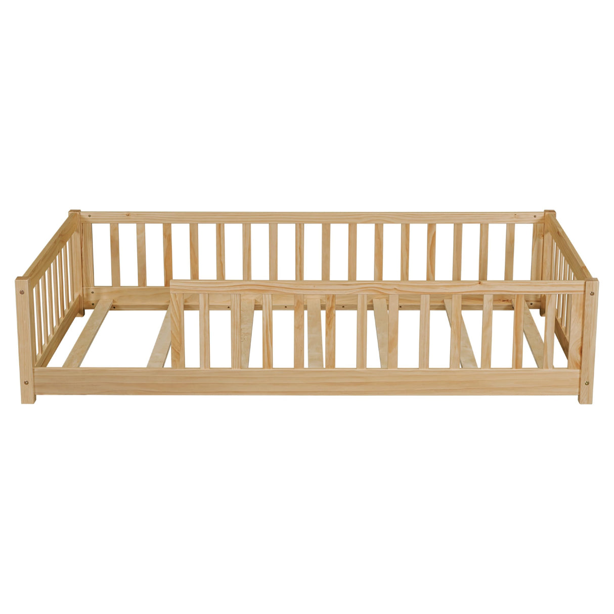 PVWIIK Twin Size Montessori Toddler Floor Bed with Wood Slats for Girls and Boys, Wood Montessori Bed Frame with Safety Guardrails, No Box Spring Needed, Natural PVWIIK