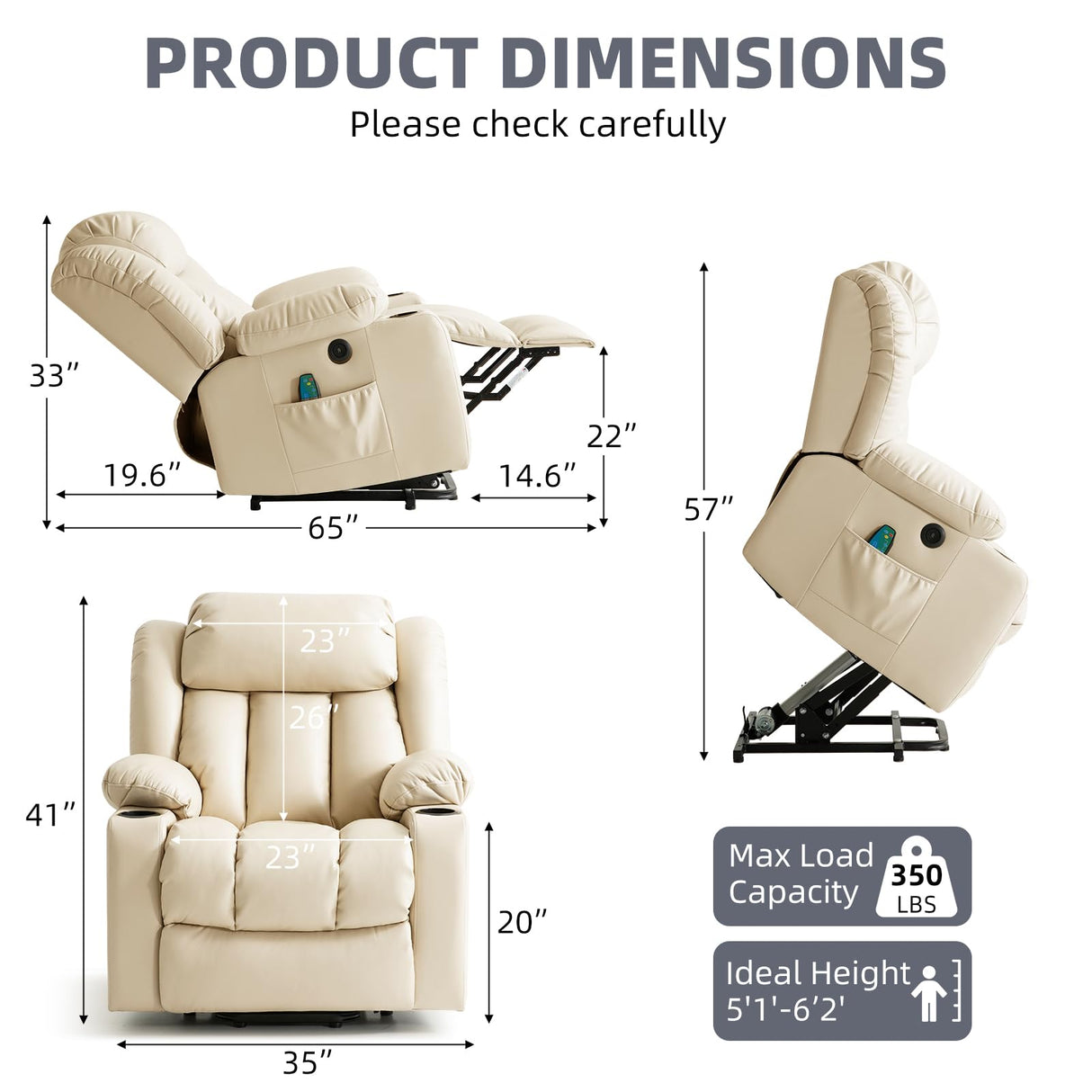 RESTREAL Power Lift Recliner Chair for Elderly, Electric Recliner Chairs for Adults with Massage and Heat, Cup Holders, Remote Control, USB Ports, Side Pockets, Leather (Beige) RESTREAL