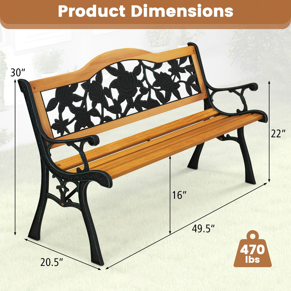 Tangkula Outdoor Garden Bench Park Bench, Patio Furniture Bench Chair with Cast Iron & Hardwood Structure, Weather Proof Porch Loveseat, Perfect for Backyard, Deck, Lawn, Poolside Tangkula