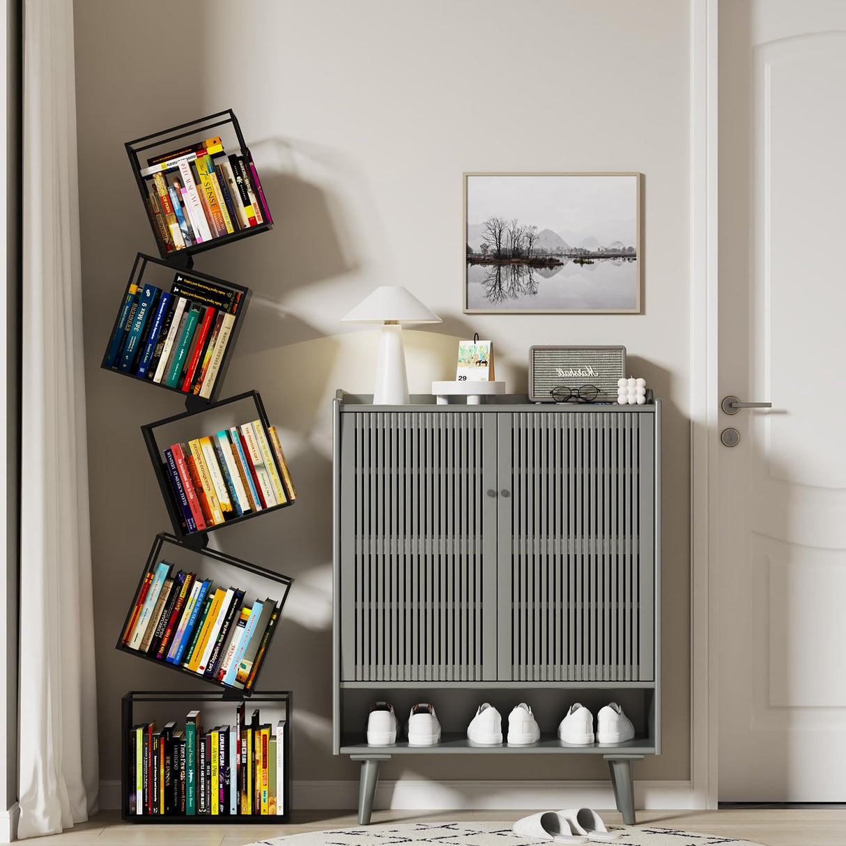 YTDnova 5-Tier Metal Bookshelf – Modern Geometric Narrow Bookcase with Matte Black Finish, Tall Storage Organizer Display Shelf for Living Room, Bedroom, Office, Small Spaces YTDnova