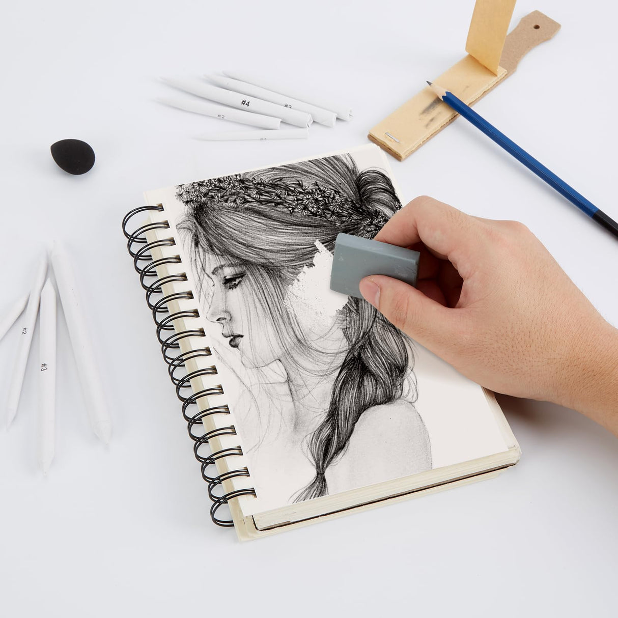 AGPTEK 48 PCS Sketch Drawing Tools, 20 Blending Stumps Set and 2 Sandpaper Pencil Sharpeners, Pencil Extension, Erasers,20 sponge replacement heads & 1 Felt Bag for Student Sketch Drawing Accessories AGPTEK