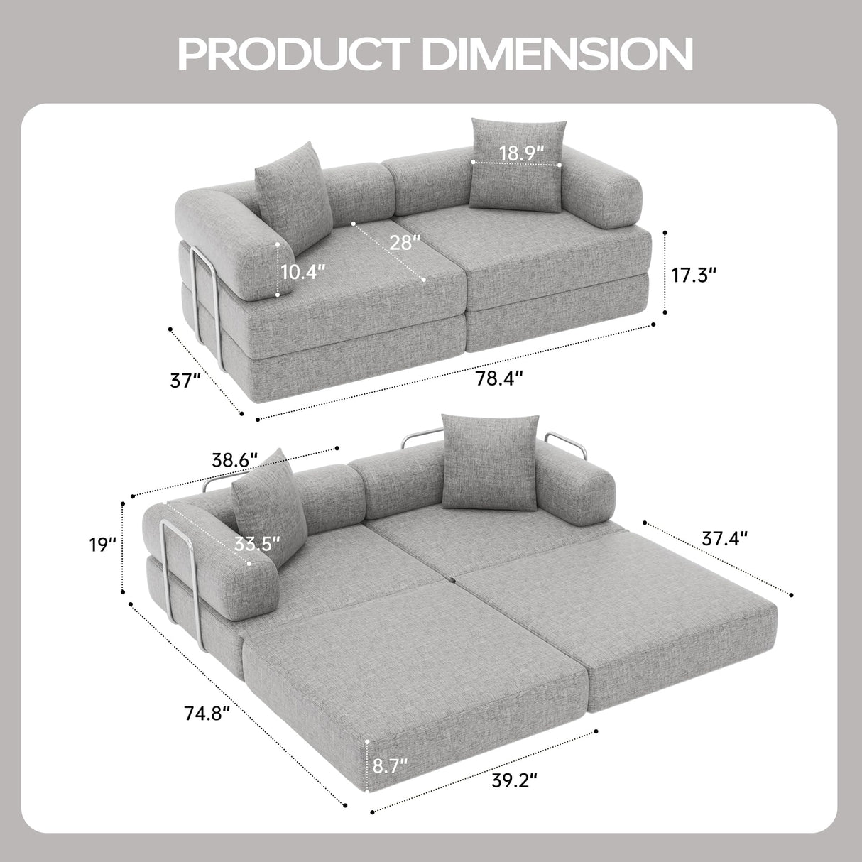 DURASPACE 78.4'' Convertible Folding Sofa Bed, Floor Sleeper Sofa Couch with Fixed-Shape Frame, Compression Comfy Couch in a Box, Boneless Modular Loveseat for Living Room (Chenille Gray) DURASPACE