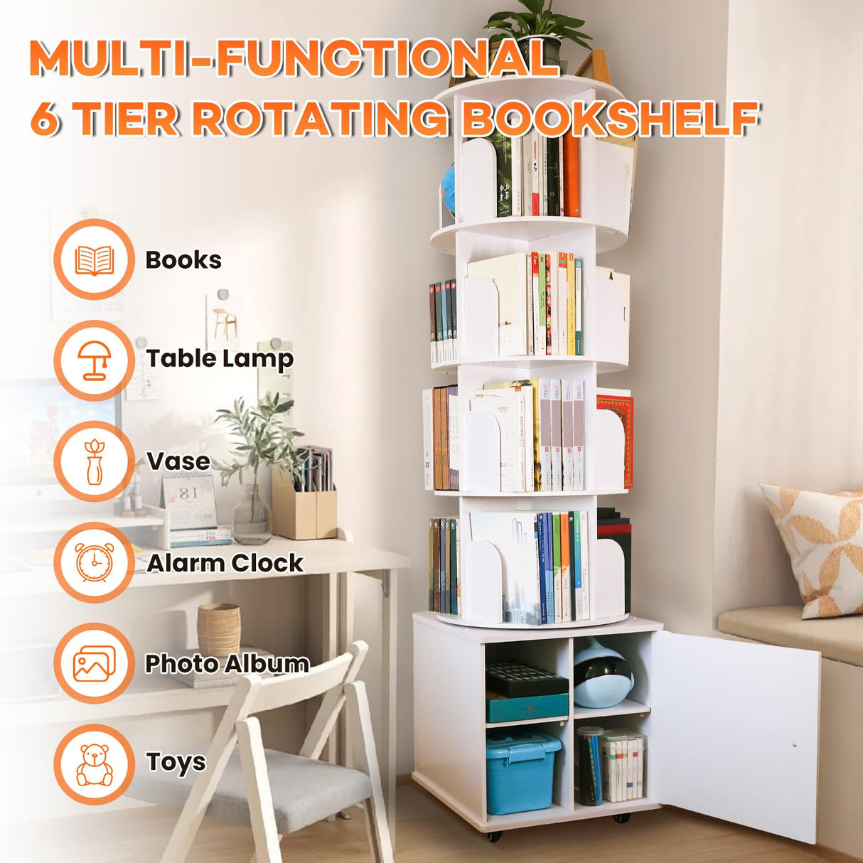 RUNSUNSPRI 6 Tier Rotating Bookshelf Spinning Bookshelf Tower 360° Revolving Bookcase with Storage Cabinet Corner Organizer Storage Round Carousel with Wheels, White RUNSUNSPRI