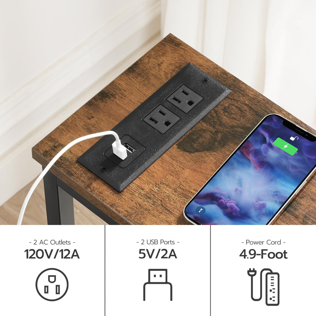 HOOBRO Narrow Console Table with Power Outlets, 44.9-Inch Sofa Table, Slim Behind Couch Table, Entryway Display Shelf, for Living Room, Foyer, Hallway, Rustic Brown and Black BF114UXG01 HOOBRO