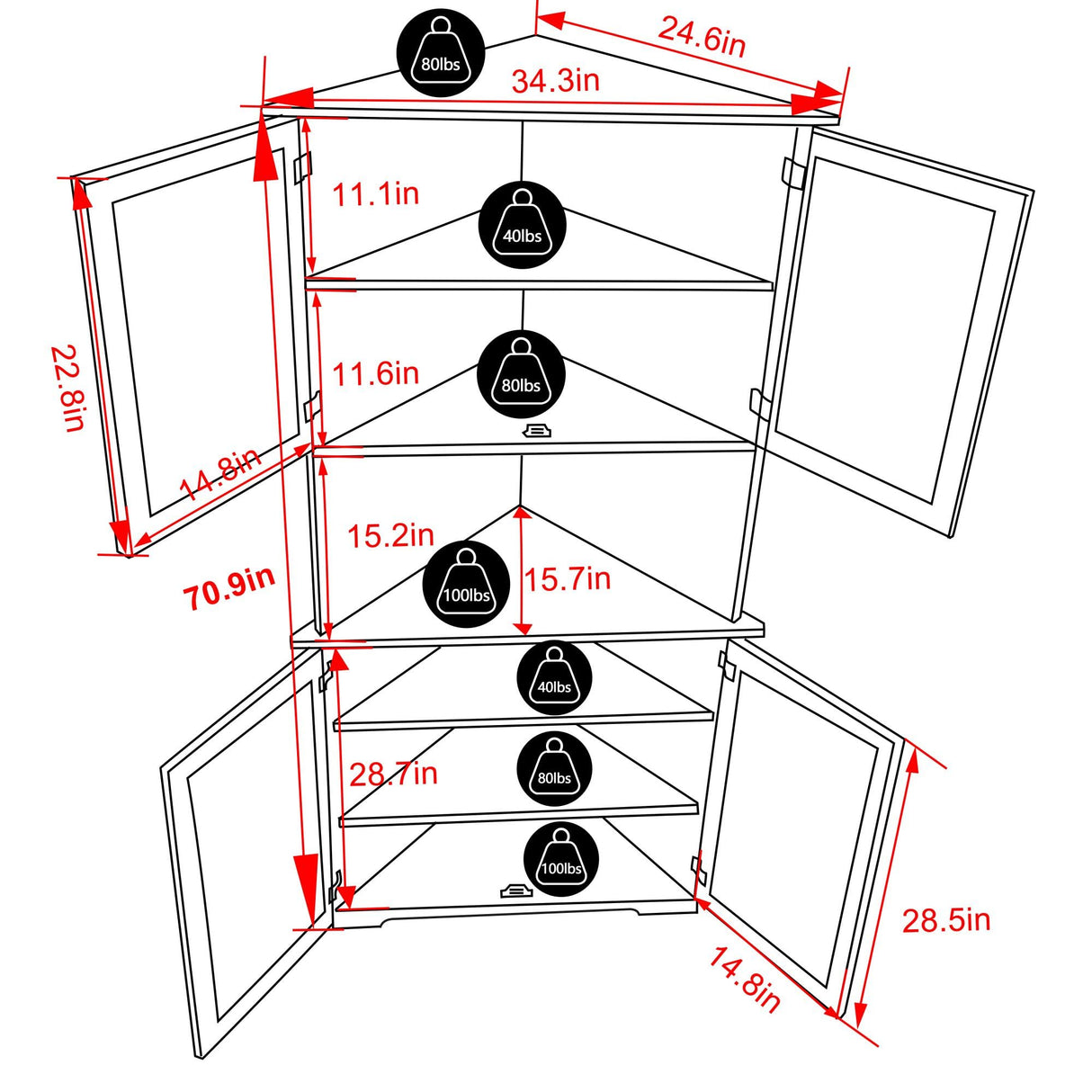 MUPATER Tall Corner Cabinet with Doors and Shelves, 71'' Free Standing Corner Hutch Cabinet Storage for Living Room, Bathroom, Kitchen with Countertop, White MUPATER