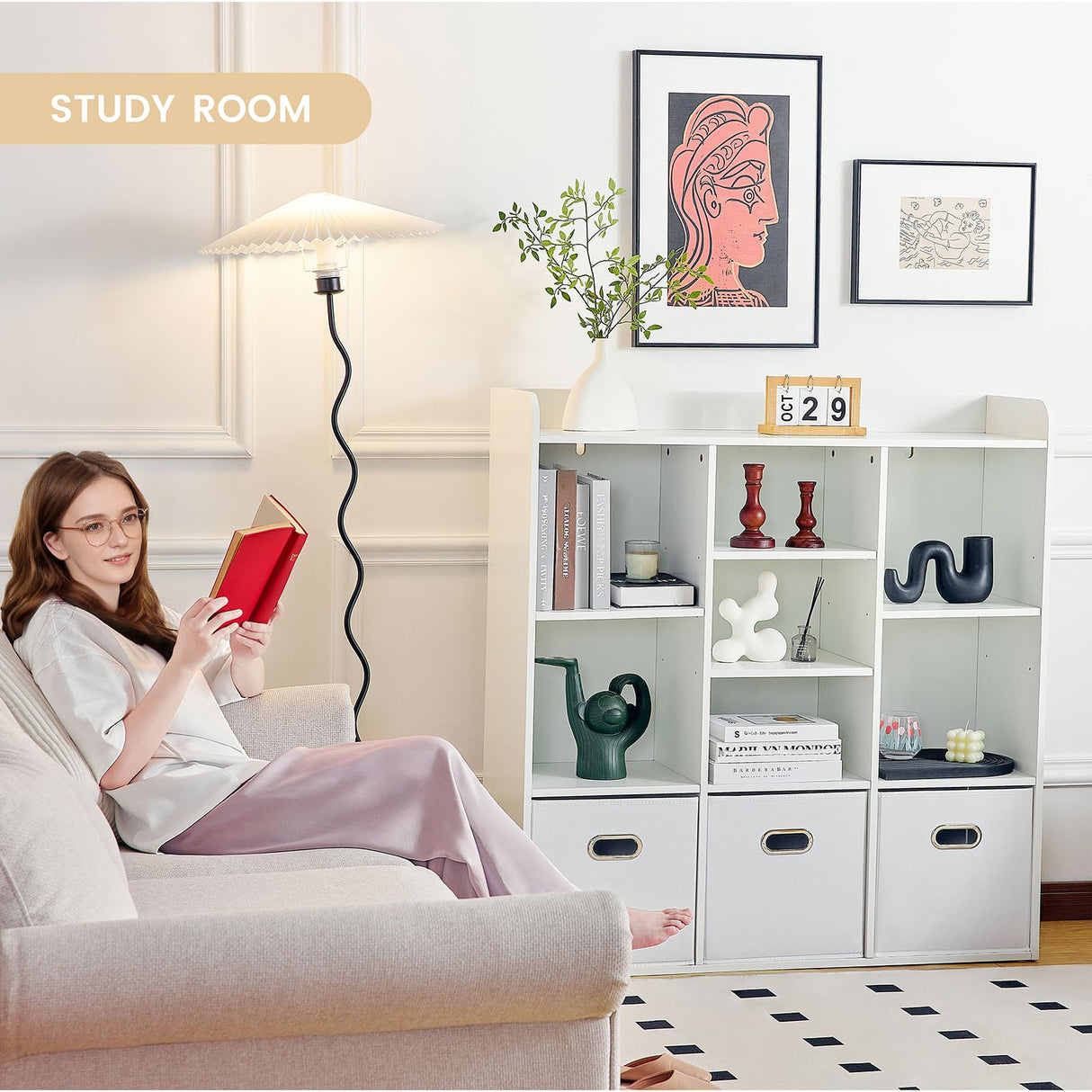 Redlife 7 Cube Bookshelf, White Cube Organizer with 3 Storage Bins, Wooden 3-Tier Bookcase with Adjustable Shelves, Modern Floor Standing Open Shelf Cabinet for Bedroom, Living Room and Office Redlifeᅟᅠ