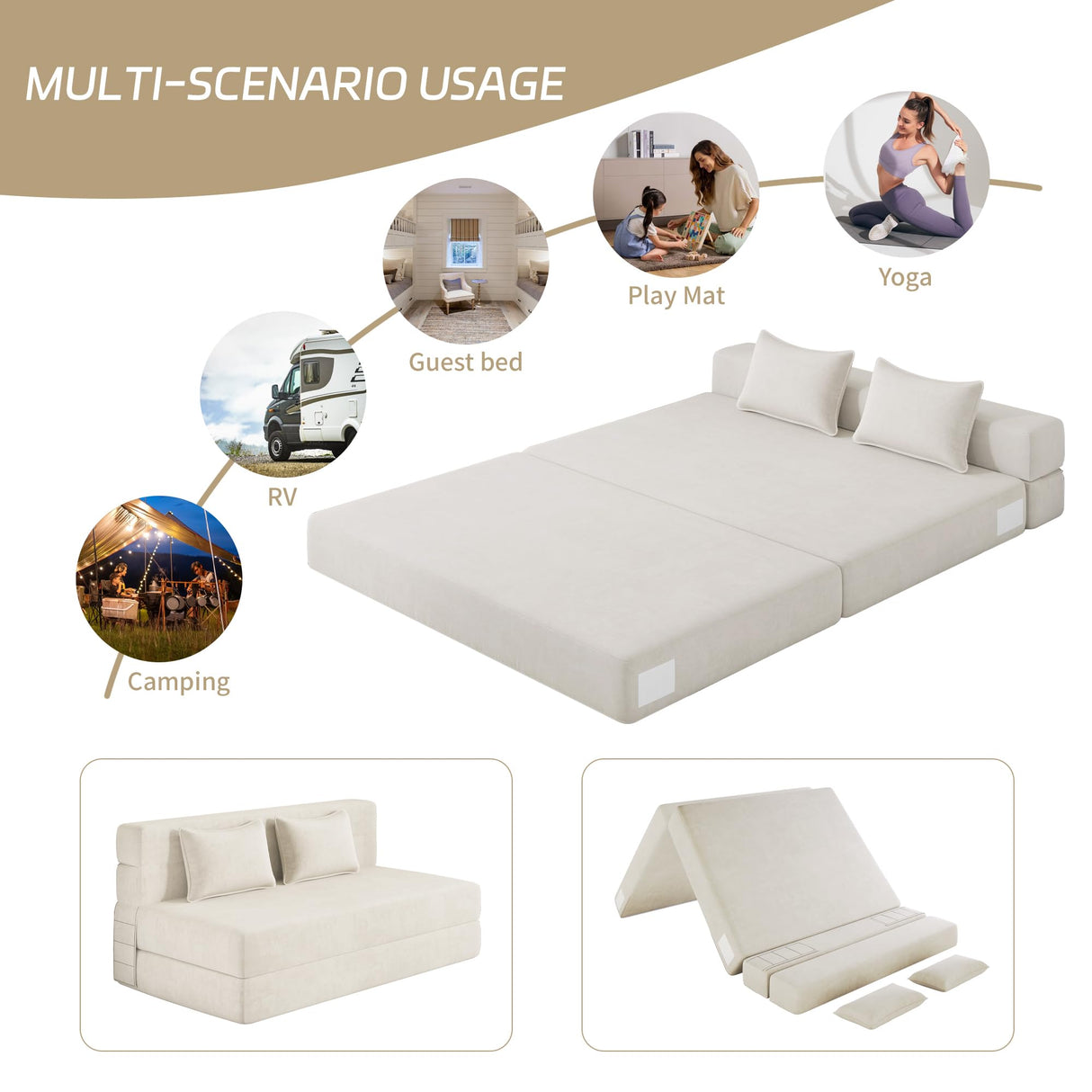 Luoxiao Folding Sofa Bed Convertible Sleeper Chair Full Size with Pillows, Foldable Futon Lazy Floor Sofa Bed, Portable Fold Out Chair Bed for Living Room/Dorm/Guest Room, Washable Cover, Off White Luoxiao
