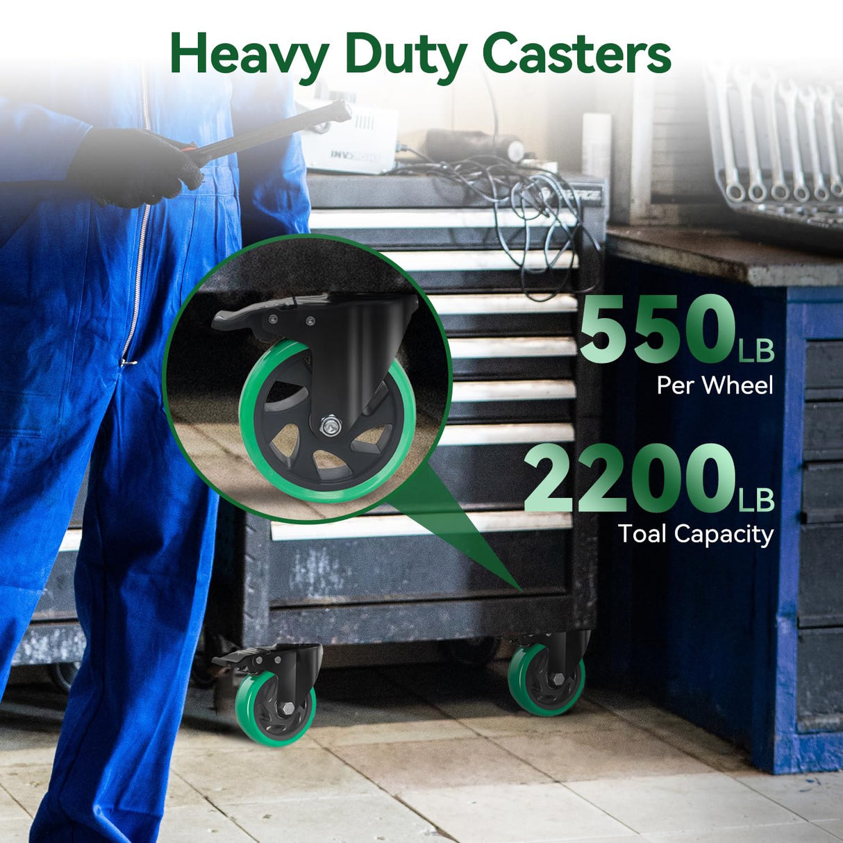 5 Inch Caster Wheels, Casters Set of 4 Heavy Duty, BZOLIHEU Locking Casters, Silent Top Plate Swivel Casters with Brake, Polyurethane Castor Wheels for Furniture and Workbench Cart, Green BZOLIHEU