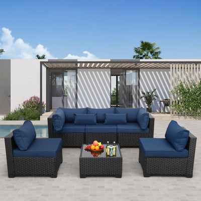 Rattaner Patio Sectional 6 Pieces All-Weather Wicker Patio Furniture Set Outdoor Sectional with Glass Patio Table Non-Slip Cushions and Waterproof Covers, Navy Blue