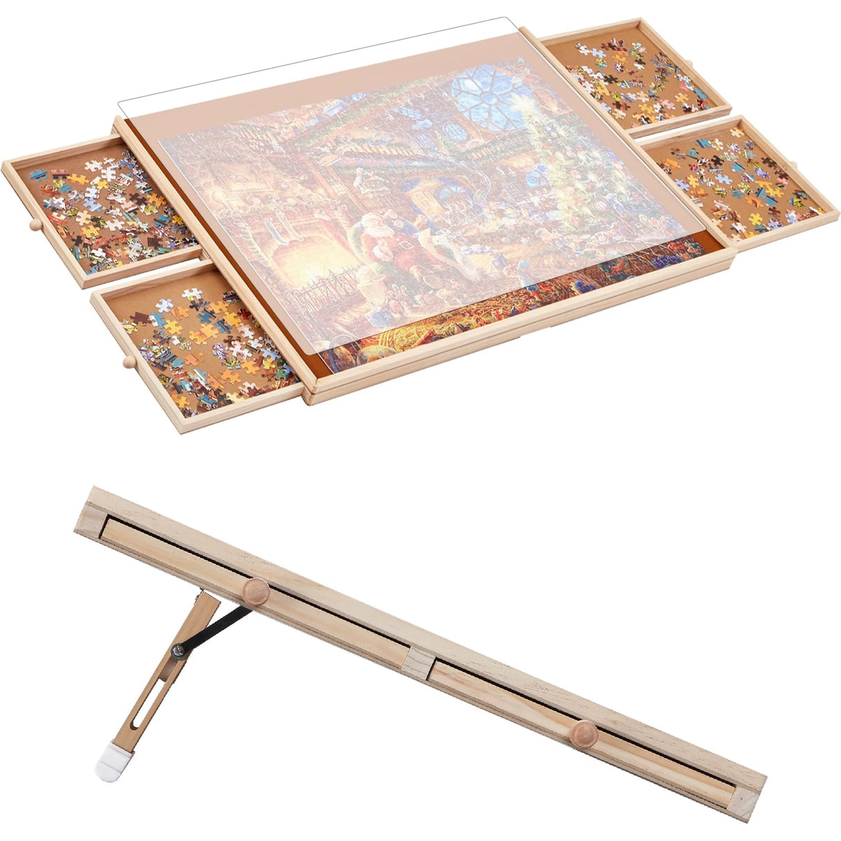 Jigsaw Puzzle Board Table with Drawers and Cover, 1000 Piece Wooden Puzzle Easel, 30''x22'' Portable Tilting Puzzle Plateau for Adults and Children, Translucent Cover XIJ