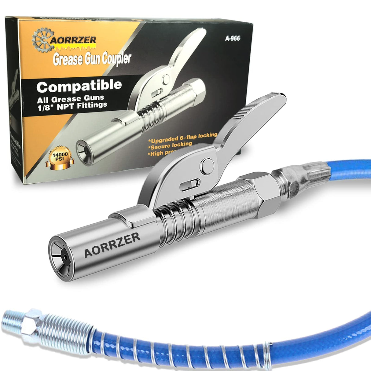 AORRZER Grease Gun Coupler, Strong Lock on Greases Gun Couplers, 12000 PSI Quick Release Grease Coupler with 12" Spring Flex Hose, Compatible with All Grease Guns 1/8" NPT Grease Gun Fitting(1 PCS) AORRZER